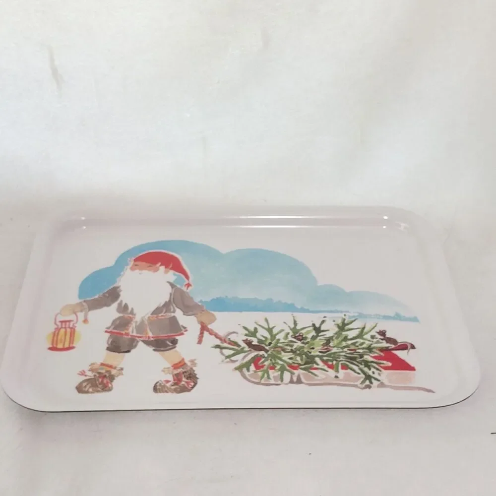 IKEA Christmas Serving Tray Gnome Tomte Pulling Sled with Tree Melamine 8x11